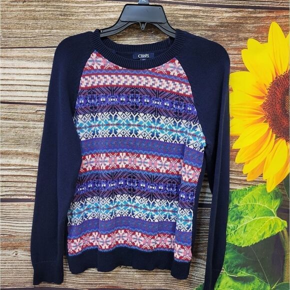 Chaps crew neck multicolored pullover sweater large pre-owned - Picture 1 of 6
